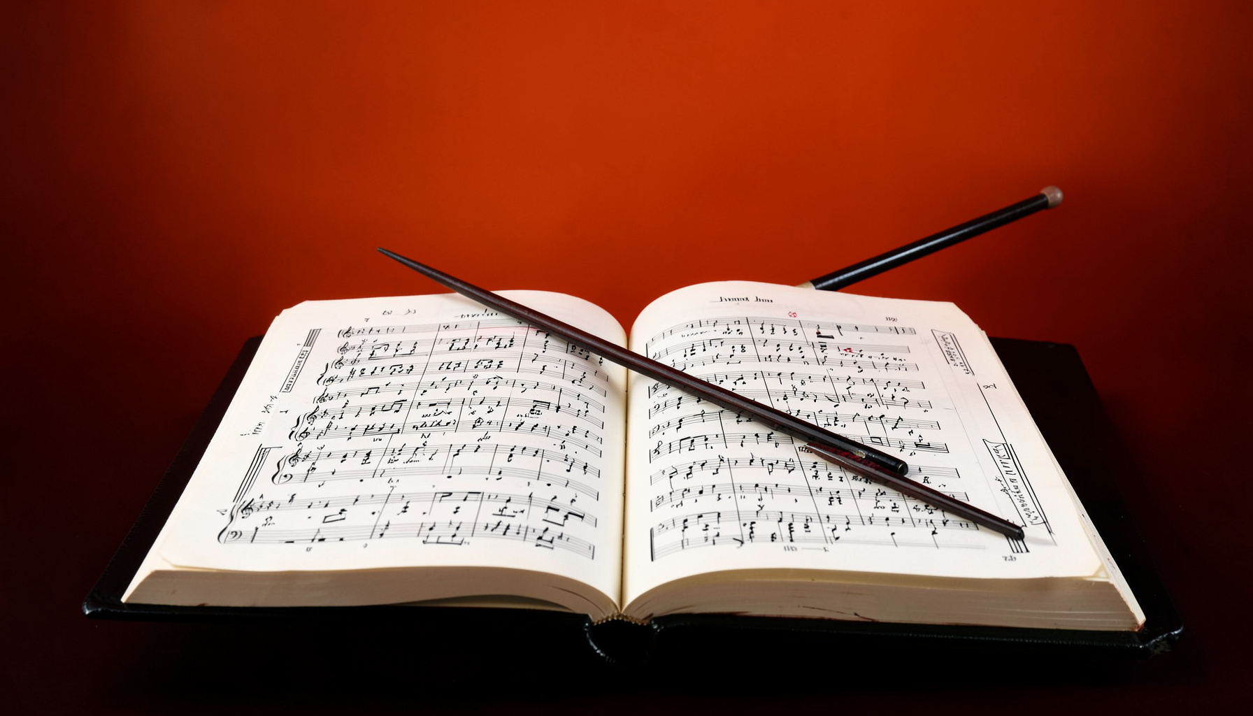 A crisp studio photograph of a conductor's baton resting diagonally across an open orchestral score, with deep blacks and ivory paper tones against a dark seamless backdrop
