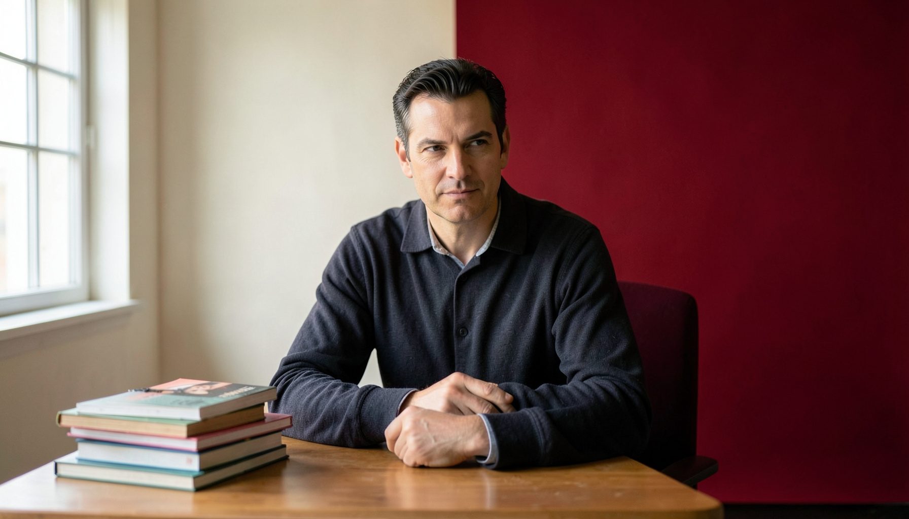 A writer seated at a desk with books stacked nearby, soft natural window light illuminating the scene