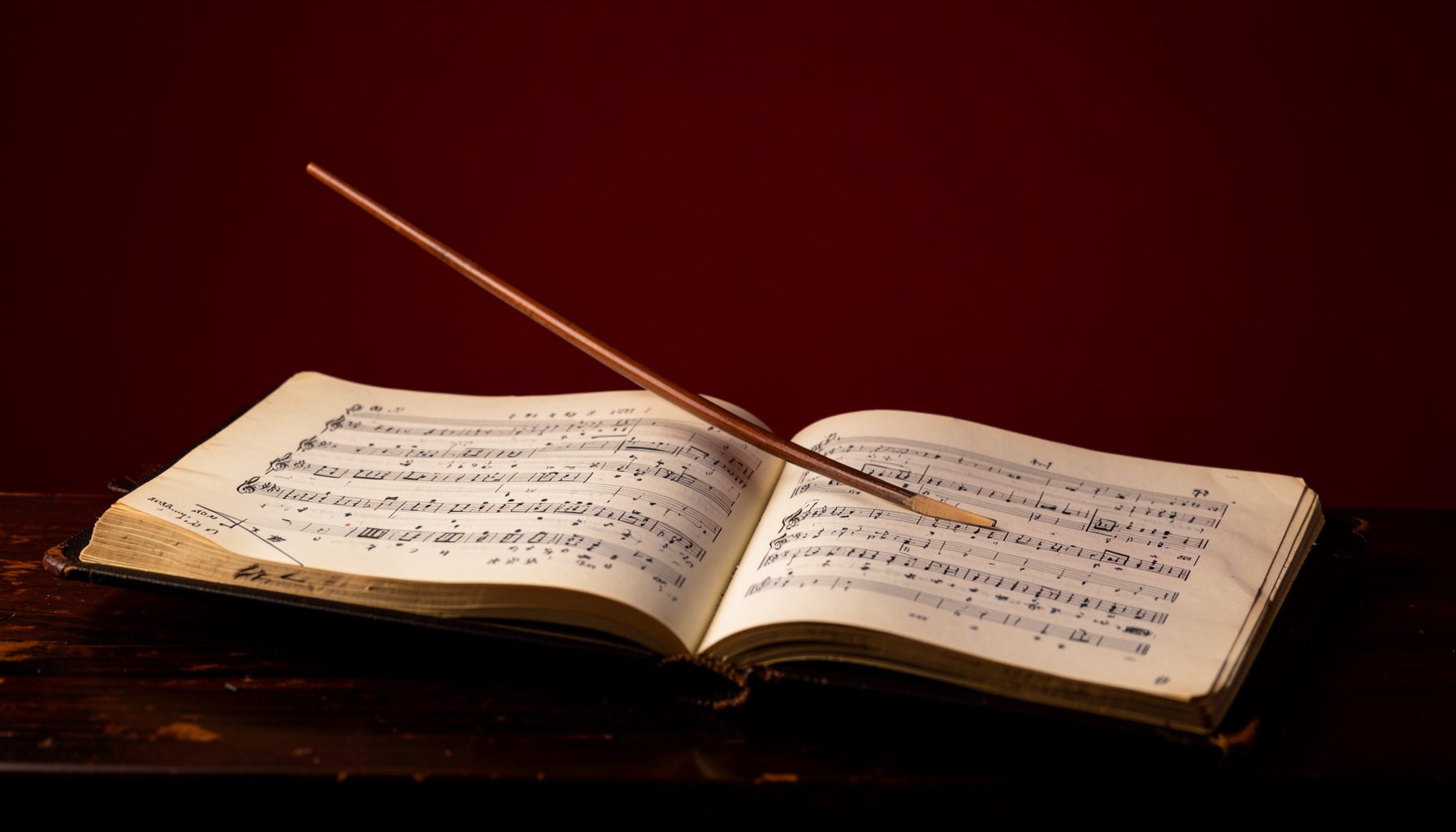 A conductor's baton resting diagonally across an open orchestral score on a dark wooden desk, deep blacks and warm amber tones