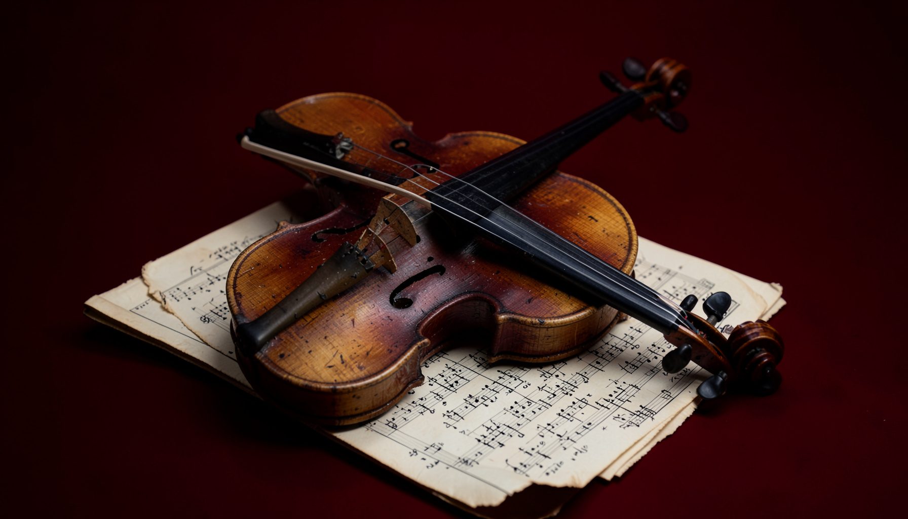 A classical violin resting on aged sheet music against a dark background, warm wood tones and cream paper illuminated by soft light