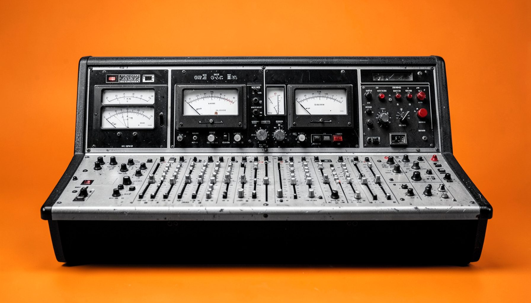 A black-and-white documentary-style photograph of a radio studio mixing console with vintage dials and meters, evoking mid-century broadcast