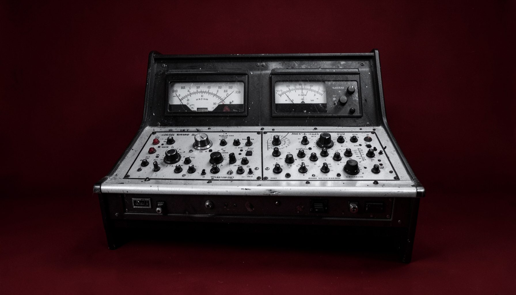 Black-and-white documentary-style photograph of a radio studio mixing console with vintage dials and meters