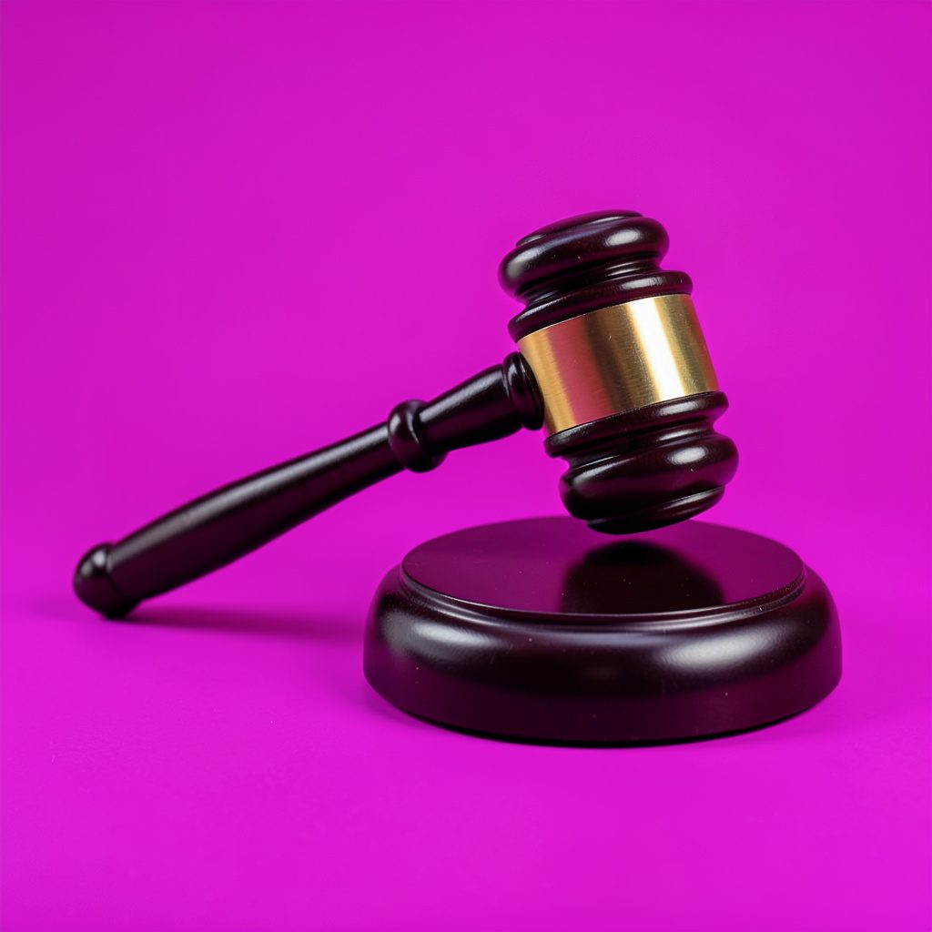 Court gavel on a dark wooden surface