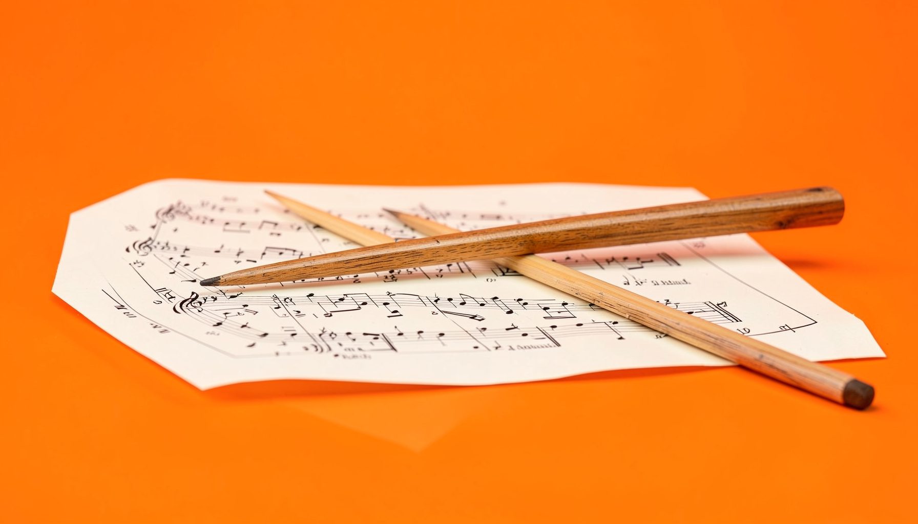A crisp studio photograph of a conductor's baton resting on a musical score, warm wood tones against cream paper