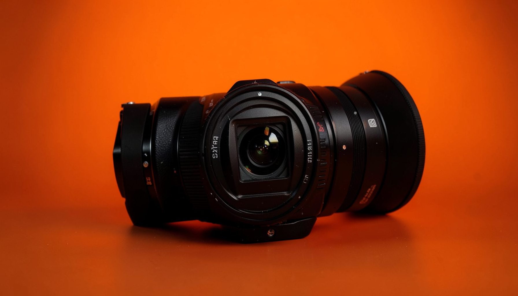 A flat document-style photograph of a video camera lens against a dark background, evoking interview and broadcast production